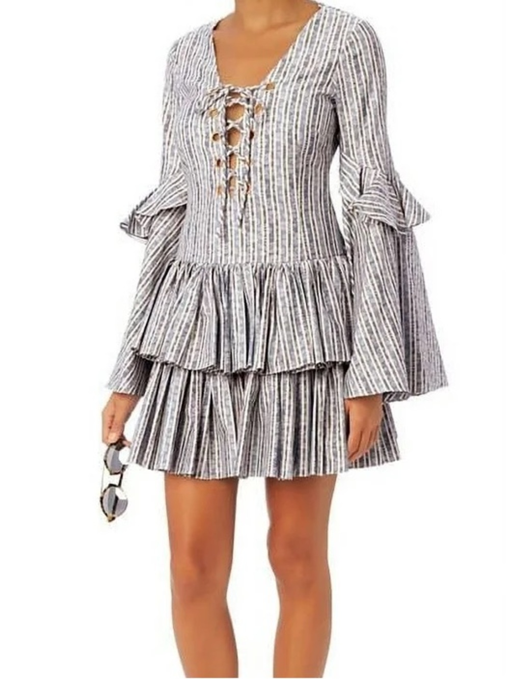 Caroline Constas Anastasia Lace Up Flare Bell Sleeve Ruffle Dress